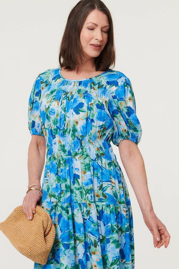 Blue | Floral Shirred Puff Sleeve Midi Dress
