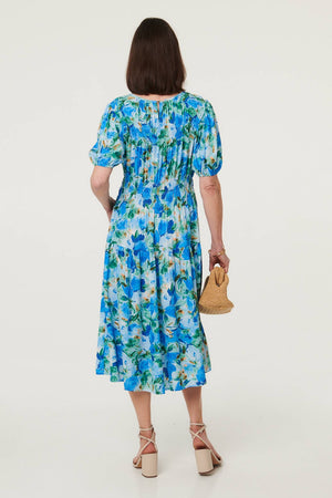Blue | Floral Shirred Puff Sleeve Midi Dress