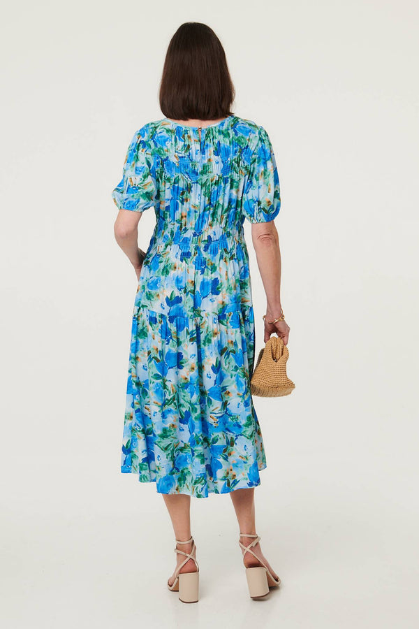 Blue | Floral Shirred Puff Sleeve Midi Dress
