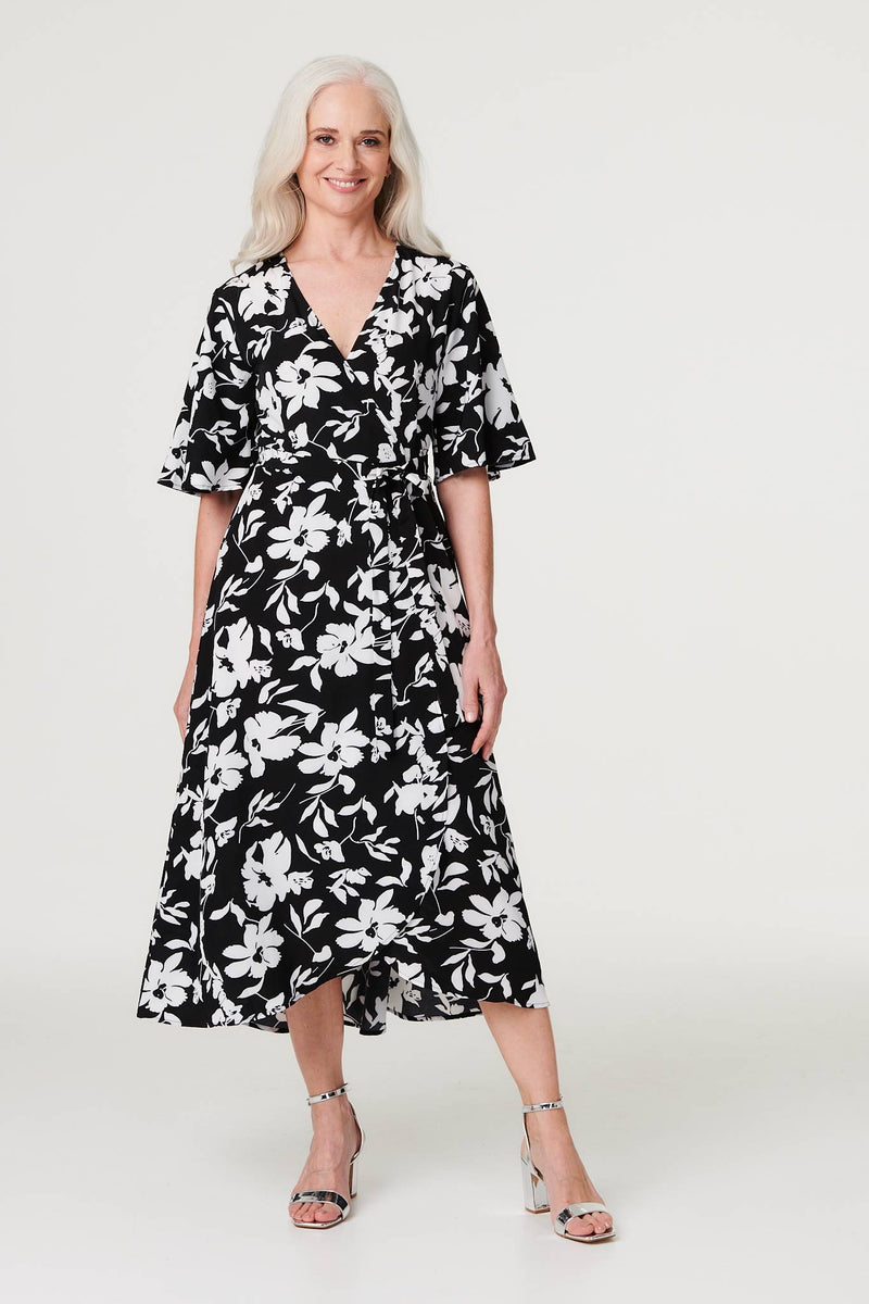 Floral Flute Sleeve Midi Dress Izabel London