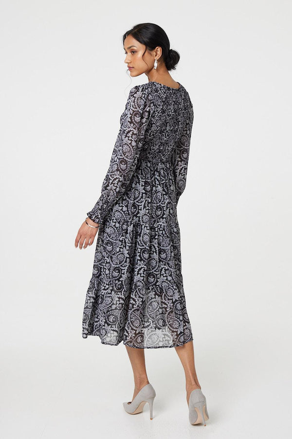 Black | Paisley Long Puff Sleeve Midi Smock Dress
