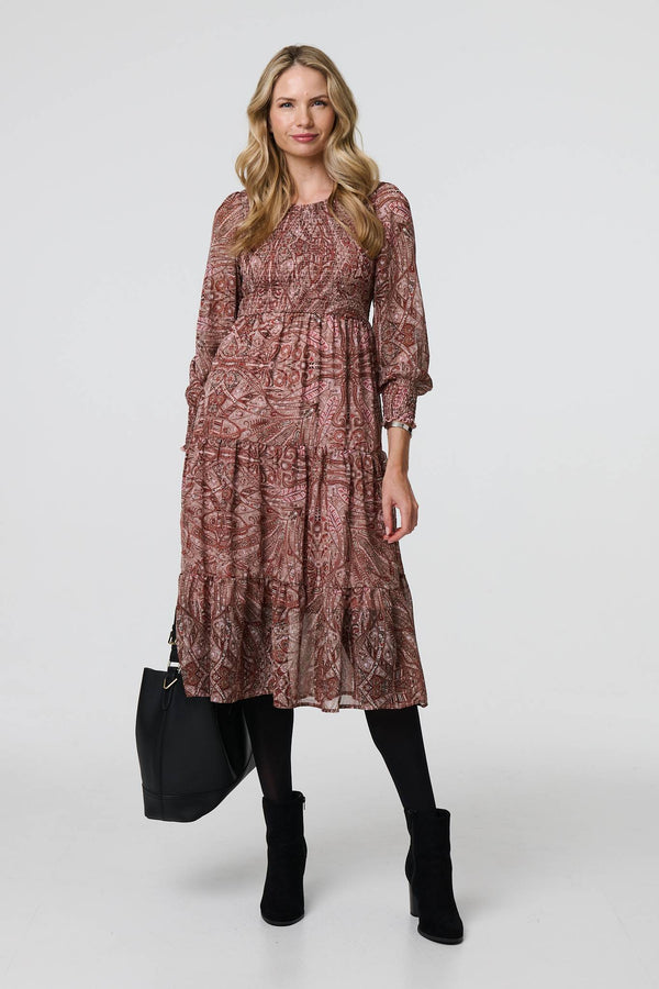 Red | Printed Empire Tiered Midi Smock Dress
