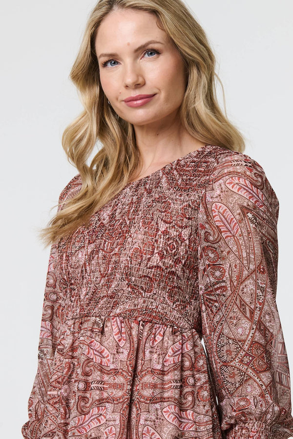 Red | Printed Empire Tiered Midi Smock Dress
