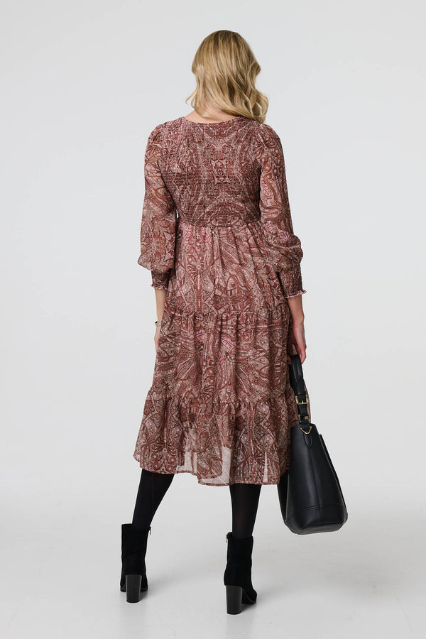 Red | Printed Empire Tiered Midi Smock Dress
