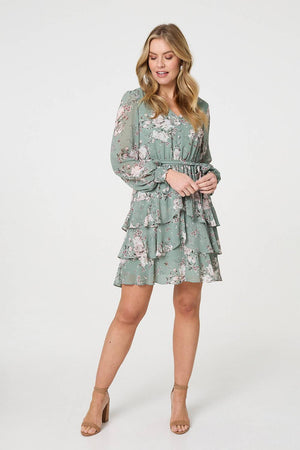 Sage | Vintage Floral Long Sleeve Skater Dress
