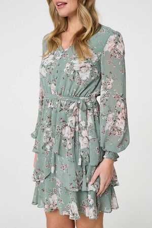 Sage | Vintage Floral Long Sleeve Skater Dress
