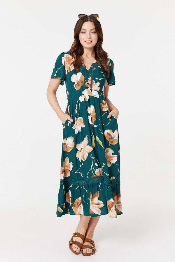 Green | Floral Lace Trim A-Line Midi Dress