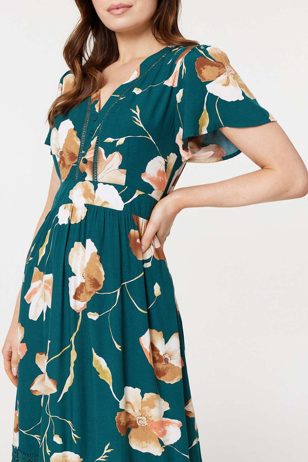 Green | Floral Lace Trim A-Line Midi Dress