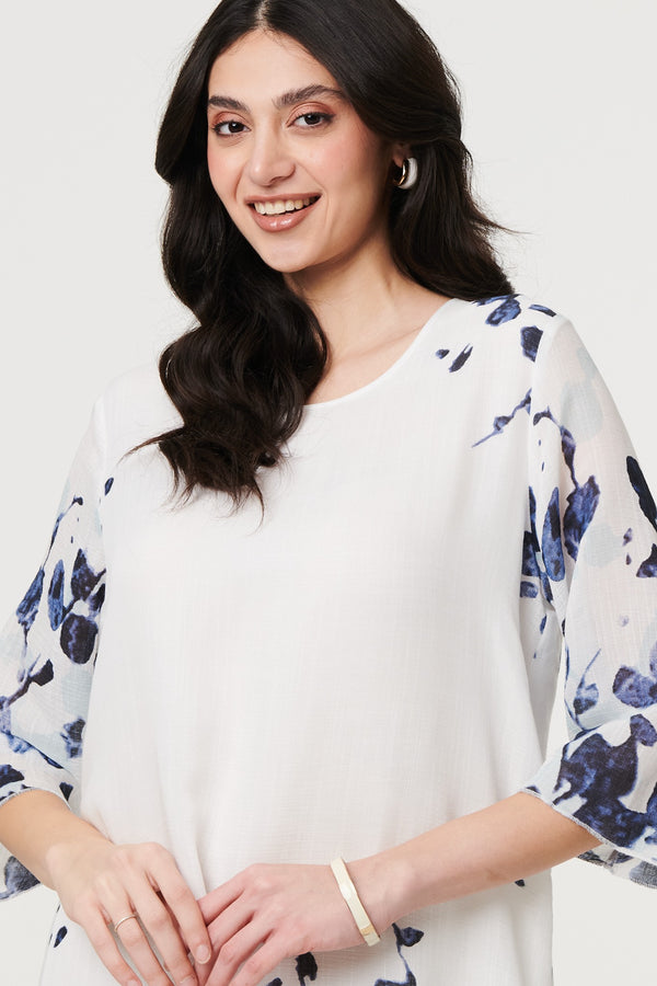 Blue | Floral 3/4 Sleeve Layered Hem Midi Dress
