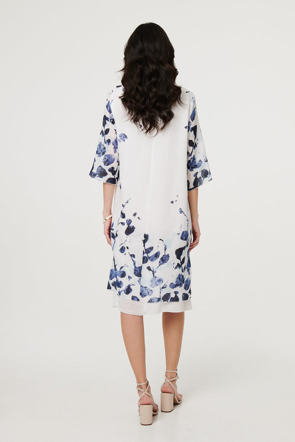 Blue | Floral 3/4 Sleeve Layered Hem Midi Dress
