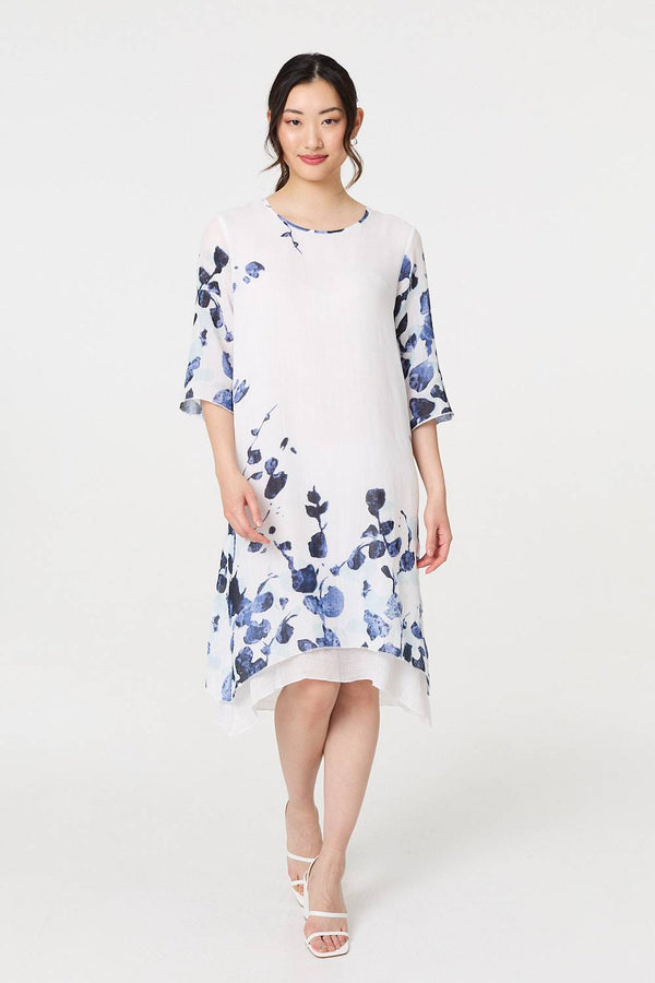 Blue | Floral 3/4 Sleeve Layered Hem Midi Dress

