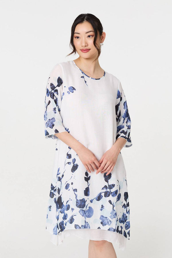 Blue | Floral 3/4 Sleeve Layered Hem Midi Dress
