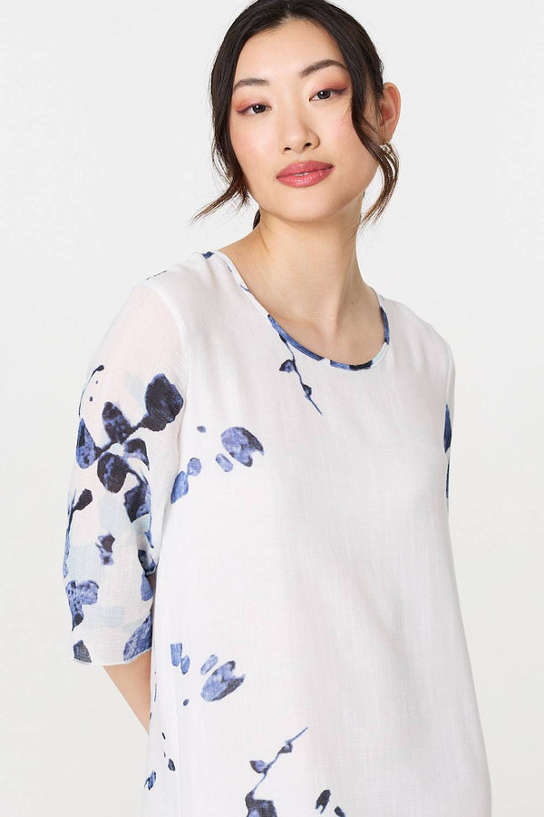 Blue | Floral 3/4 Sleeve Layered Hem Midi Dress
