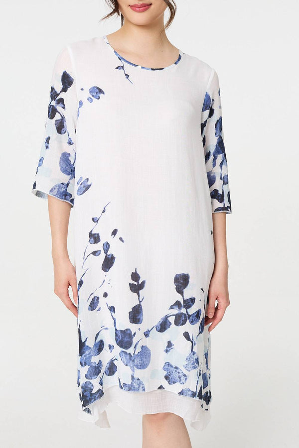 Blue | Floral 3/4 Sleeve Layered Hem Midi Dress
