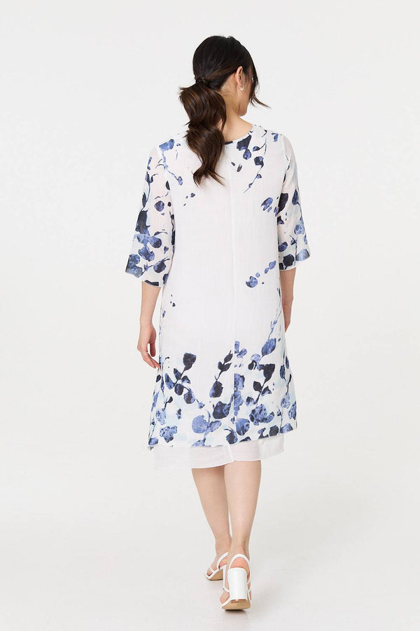 Blue | Floral 3/4 Sleeve Layered Hem Midi Dress
