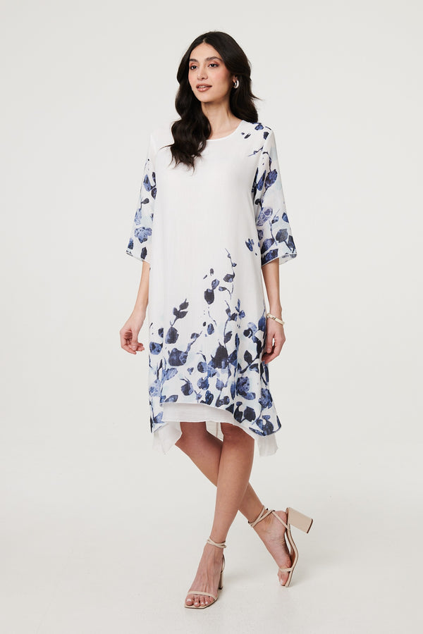 Blue | Floral 3/4 Sleeve Layered Hem Midi Dress
