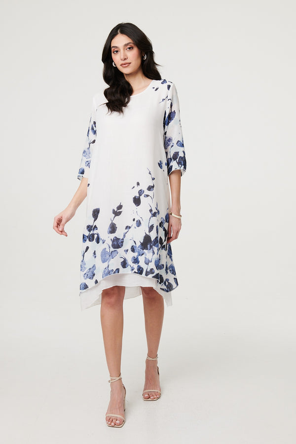 Blue | Floral 3/4 Sleeve Layered Hem Midi Dress
