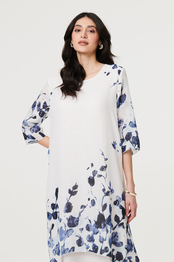 Blue | Floral 3/4 Sleeve Layered Hem Midi Dress
