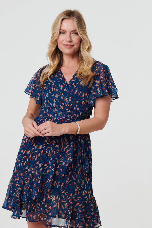 Blue | Printed Asymmetric Short Tie Wrap Dress
