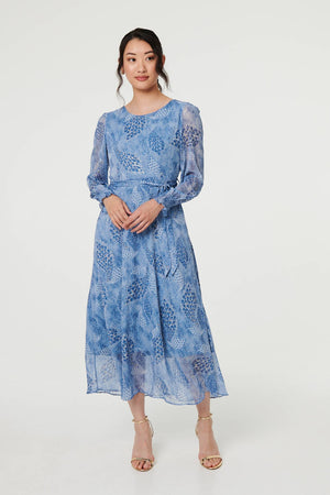 Blue | Feather Print Sheer Layered Maxi Dress

