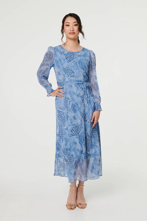 Blue | Feather Print Sheer Layered Maxi Dress

