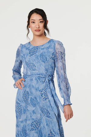 Blue | Feather Print Sheer Layered Maxi Dress
