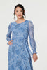 Blue | Feather Print Sheer Layered Maxi Dress
