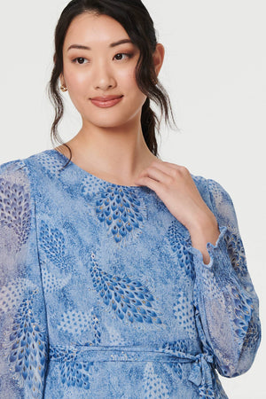 Blue | Feather Print Sheer Layered Maxi Dress
