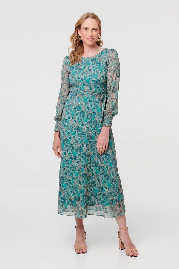 Green | Printed Tie Waist Layered Midi Dress