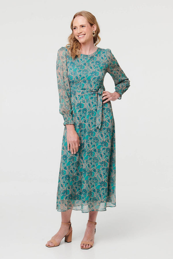 Green | Printed Tie Waist Layered Midi Dress