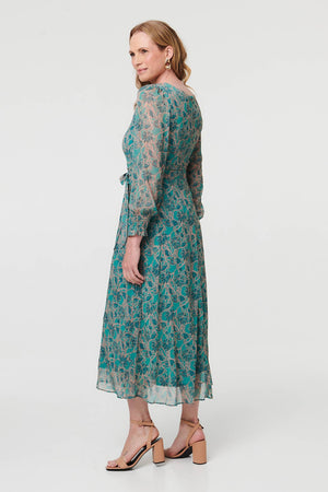 Green | Printed Tie Waist Layered Midi Dress