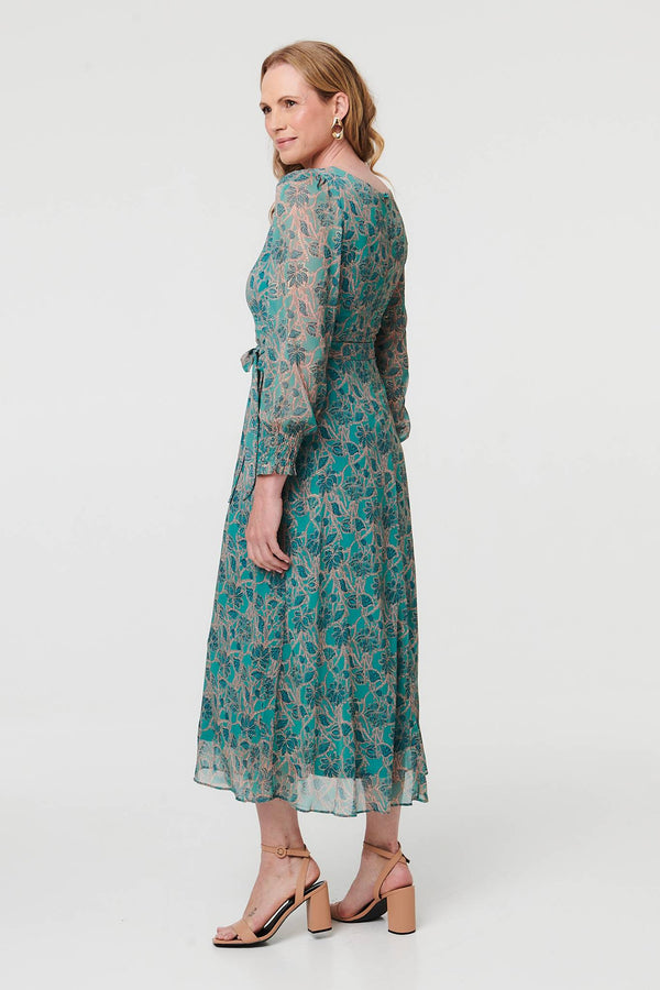Green | Printed Tie Waist Layered Midi Dress