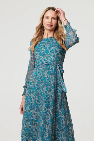 Teal | Printed Tie Waist Layered Midi Dress
