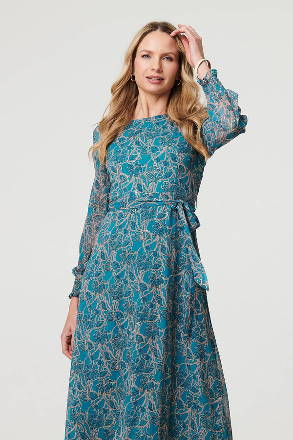 Teal | Printed Tie Waist Layered Midi Dress
