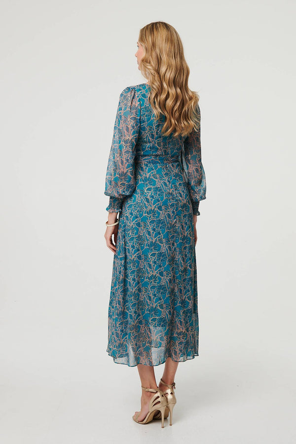 Teal | Printed Tie Waist Layered Midi Dress
