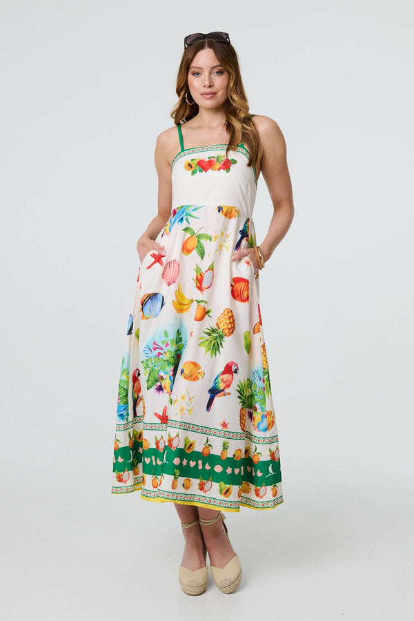 Green | Border Print Cami Strap Midi Dress
