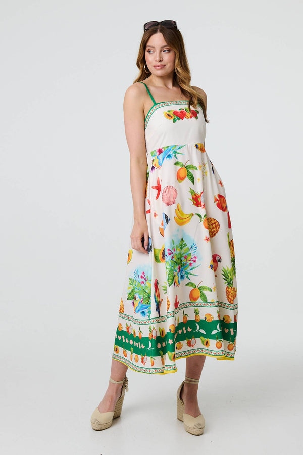 Green | Border Print Cami Strap Midi Dress
