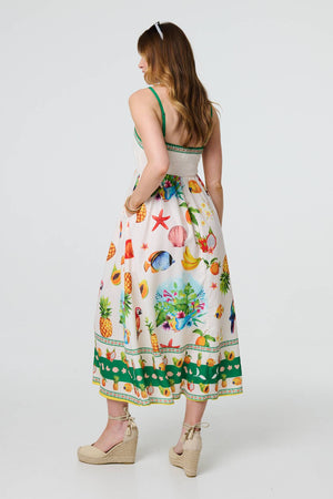 Green | Border Print Cami Strap Midi Dress
