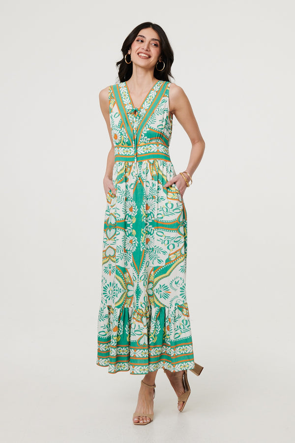 Green | Printed Sleeveless Tie Empire Maxi Dress

