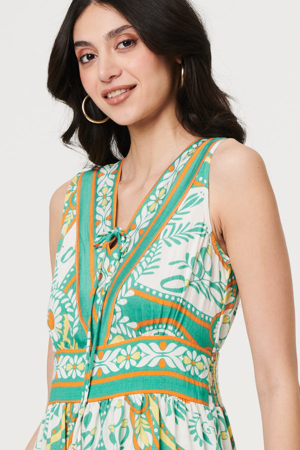 Green | Printed Sleeveless Tie Empire Maxi Dress
