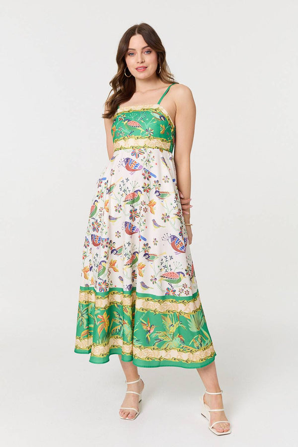 Green | Tropical Print Cami Strap Midi Dress
