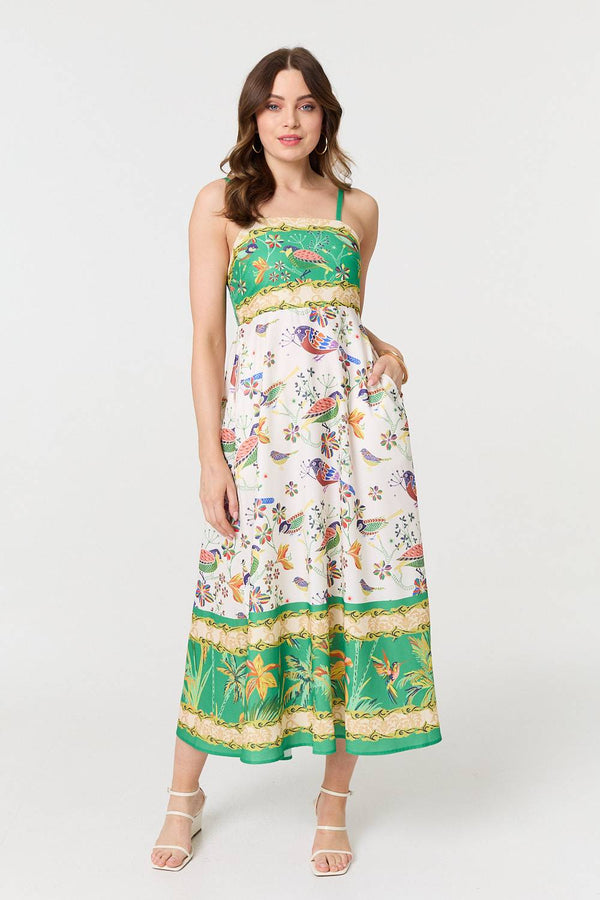 Green | Tropical Print Cami Strap Midi Dress

