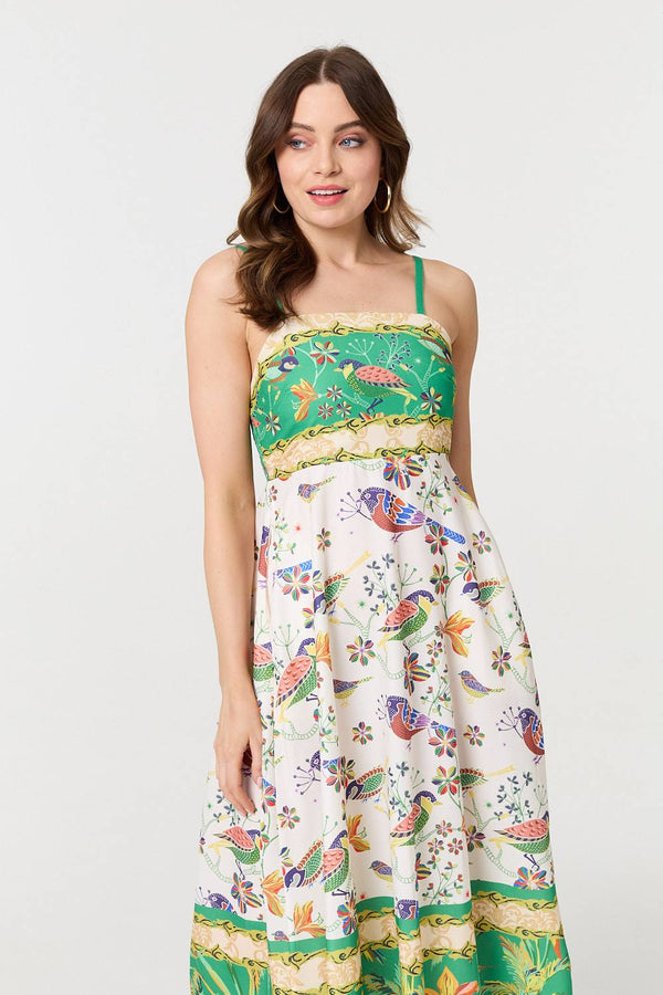 Green | Tropical Print Cami Strap Midi Dress
