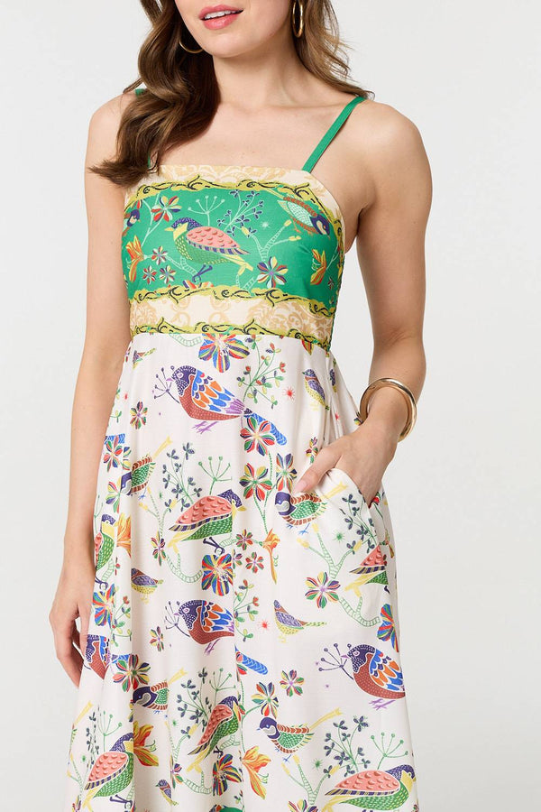 Green | Tropical Print Cami Strap Midi Dress
