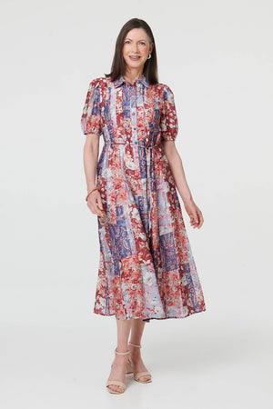 Red | Patchwork 1/2 Puff Sleeve Midi Dress