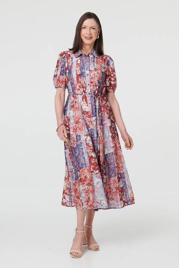 Red | Patchwork 1/2 Puff Sleeve Midi Dress