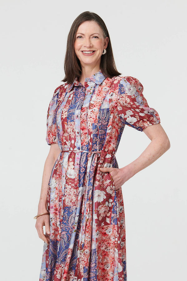 Red | Patchwork 1/2 Puff Sleeve Midi Dress