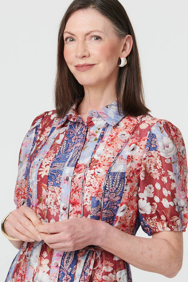 Red | Patchwork 1/2 Puff Sleeve Midi Dress