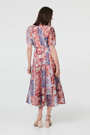 Red | Patchwork 1/2 Puff Sleeve Midi Dress