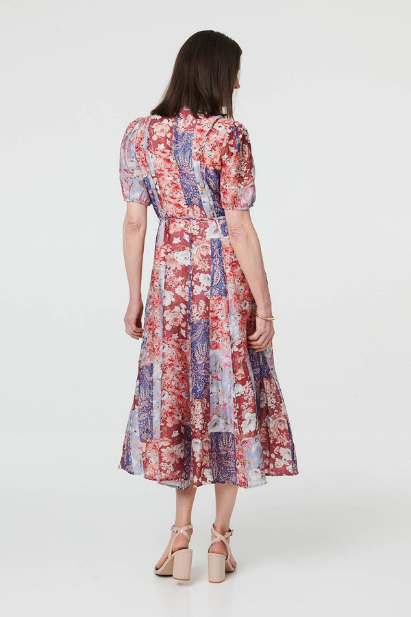 Red | Patchwork 1/2 Puff Sleeve Midi Dress